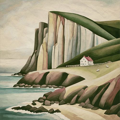 Huis op rotsachtige landtong op mistige dag