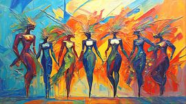 Farbenfrohes abstraktes Kunstwerk mit tanzenden Frauen von STUDIO ARTSY