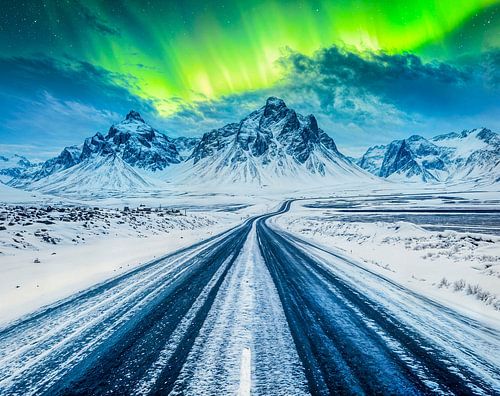 Une route avec des montagnes et des aurores boréales la nuit