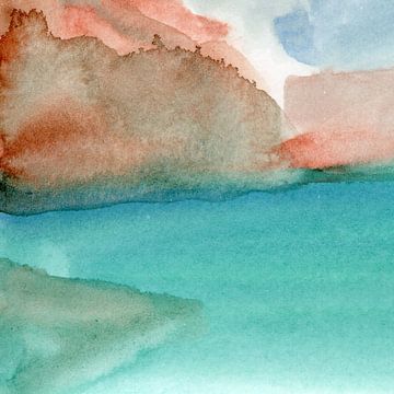 Modern abstract watercolor landscape. Green lake in the mountains no. 1 by Dina Dankers