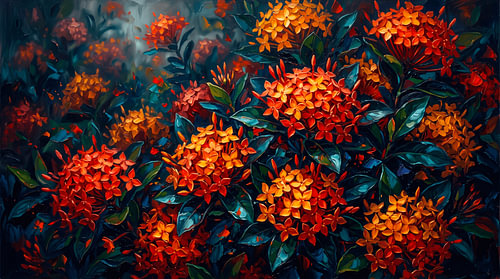 Ölgemälde im Impasto-Stil mit orange-roten Ixora-Blüten