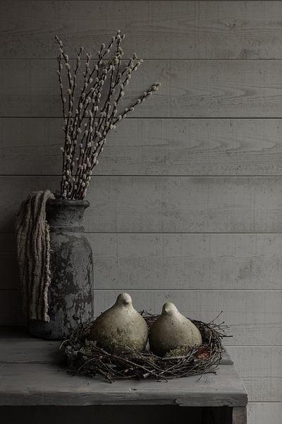 Rural still life with stone doves and willow catkins by Mayra Fotografie