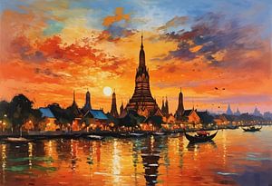 Wat Arun Spire auf Chao Phraya Fluss Sonnenuntergang Landschaft