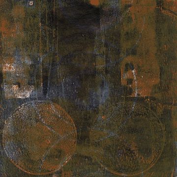 Moderne abstrakte Kunst. Organische Formen in Rost, Braun, Blau und dunklem Senf. von Dina Dankers