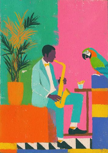 Jazzmuzikant op podium met papegaai