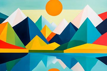 Kleurrijk berglandschap met zonreflectie van Poster Art Shop