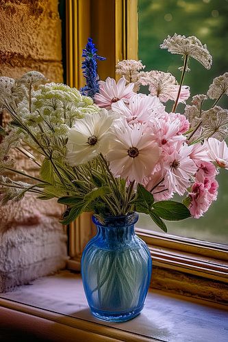 Bouquet of wildflowers in blue vase