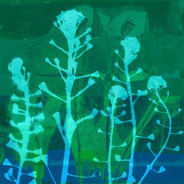 Sprookjes van het bos. Kleurrijke abstracte botanische kunst in groen en blauw