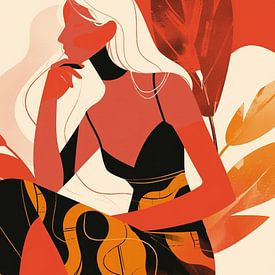 Frau in schwarzem Kleid mit orangen Blättern von ARTEO Gemälde