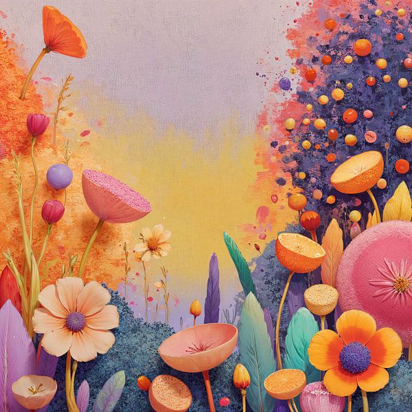 Traum Blüten Garten im Frühling - Pop Surrealismus Gemälde von FRESH Fine Art