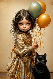 Girl with cat and balloons by Ans Bastiaanssen