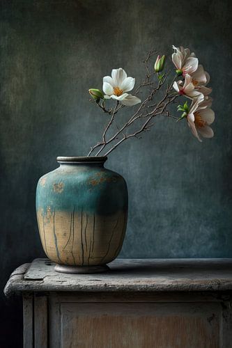 Stilleven op een houten kast met bloemen