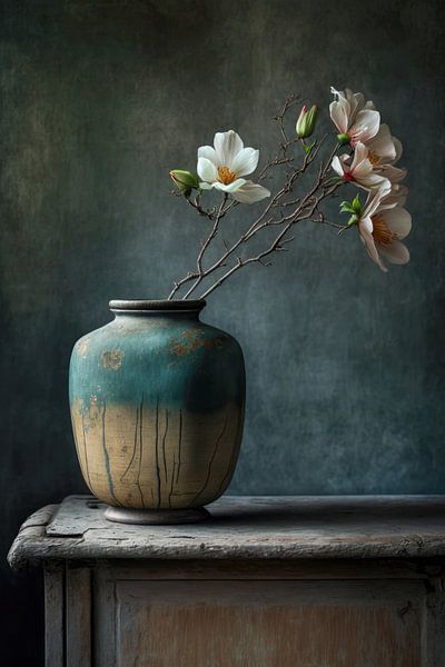 Stileven on a wooden cabinet with flowers by Digitale Schilderijen