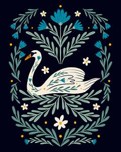 Volkskunst zwaan - blauw en groenblauw