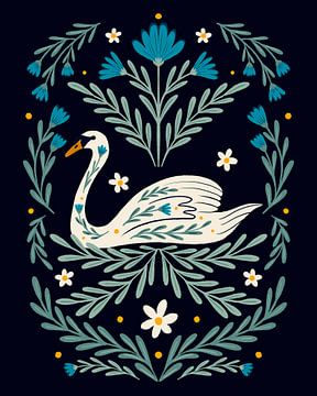 Folk art swan - blue and teal by Angela Minca