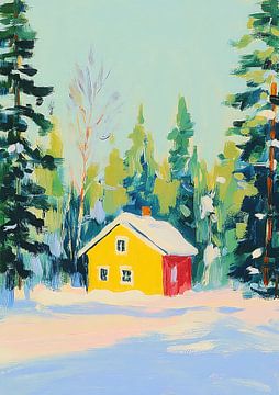 Winterhuis in de sneeuw - Kleurrijk schilderij van Niklas Maximilian