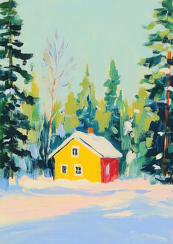 Winterhuis in de sneeuw - Kleurrijk schilderij