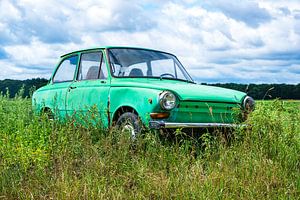 Groene Daf personenauto in een Zomers weideveld van Evert Jan Luchies