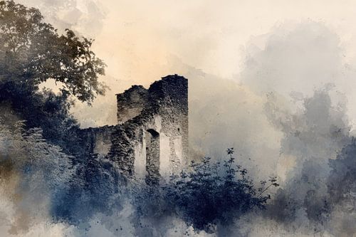 Romantische Ruine in einer nebligen Landschaft von BowiScapes – Kunst und urbane Wandgestaltung