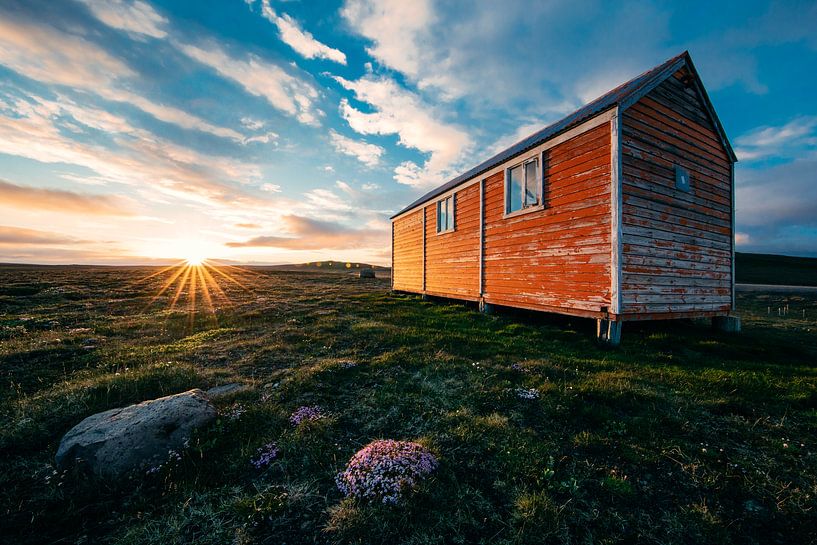 Wooden house in the sun in deserted landscape by Martijn Smeets