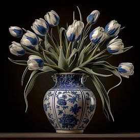 Delft blue vase with tulips by Rene Ladenius Digital Art