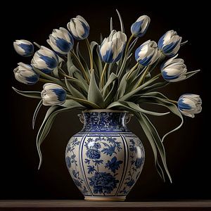 Delfts blauwe vaas met tulpen van Rene Ladenius Digital Art