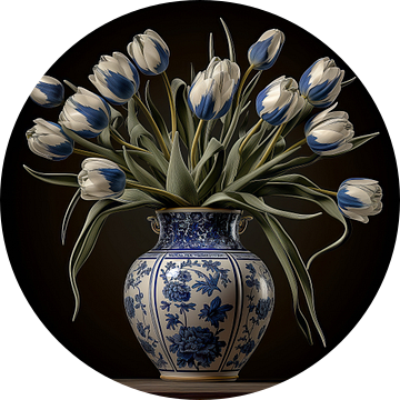Delfts blauwe vaas met tulpen van Rene Ladenius Digital Art