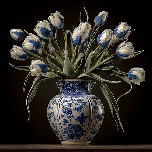 Delfter Blau Vase mit Tulpen von Rene Ladenius Digital Art