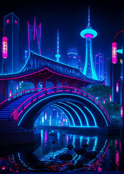 Cyberpunk stijl Japan stadsgezicht nacht van Ruzerin