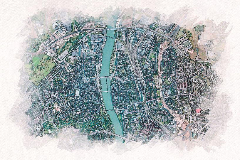 Maastricht von oben im Aquarellstil von Aquarel Creative Design