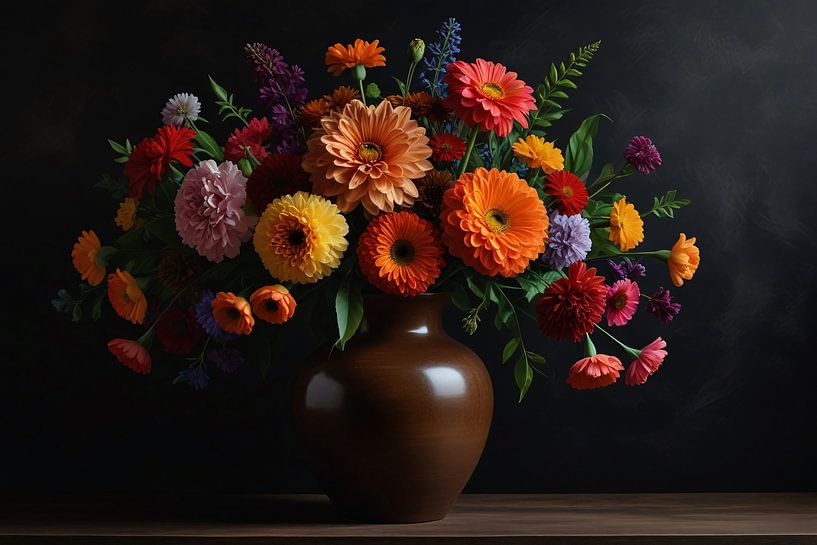 Bruine vaas met kleurrijke bloemenpracht van Art & Soul Creations
