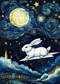 A White Rabbit Flying with a Paper Airplane - Starry Night