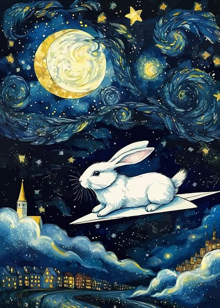 Ein weißes Kaninchen fliegt mit einem Papierflugzeug - Sternennacht von MIROKKU