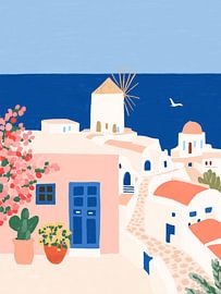 Verträumte Illustration eines Küstendorfes auf einer griechischen Insel