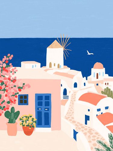 Dreamy Greek Island Coastal Village Illustration