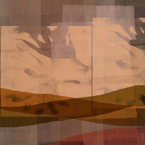 Modern abstract landschap. Mosterd, taupe, warm geel.