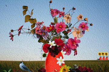 Üppiger Blumenstrauß mit Möwe und Schnecke und roter Vase