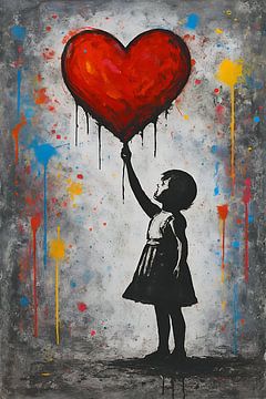 Meisje met hartjes ballon street art schilderij. van Johannes