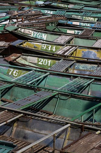 Beschilderde metalen roeiboten op een rij