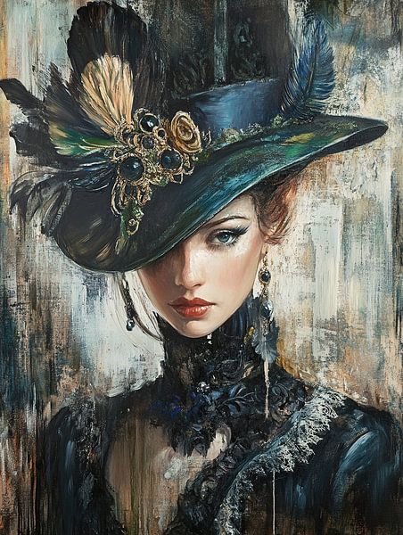 Eleganter Hut | Elegante Dame in Grün von ARTEO Gemälde