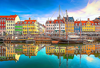 Farbenfrohe Spiegelungen im Hafen