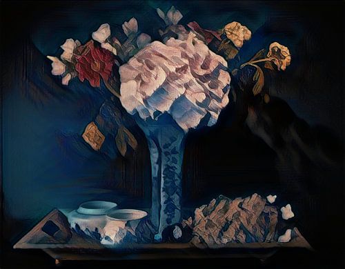 Bouquet de fleurs dans un vase bleu Delft