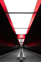 Subway station with red light cubes on the ceiling. U4 Hamburg