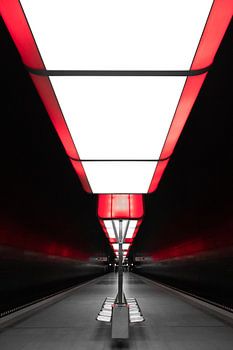 Subway station with red light cubes on the ceiling. U4 Hamburg
