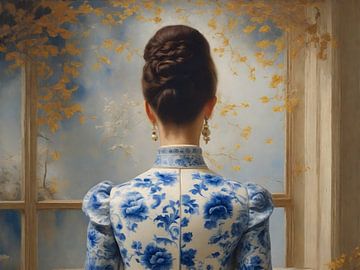 Een portret van een dame in een delfts blauw jurk van Jolique Arte