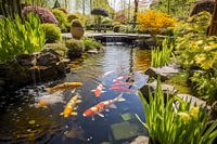 Vijver met vissen in de Japanse lentetuin