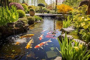 Teich mit Fischen im japanischen Frühlingsgarten