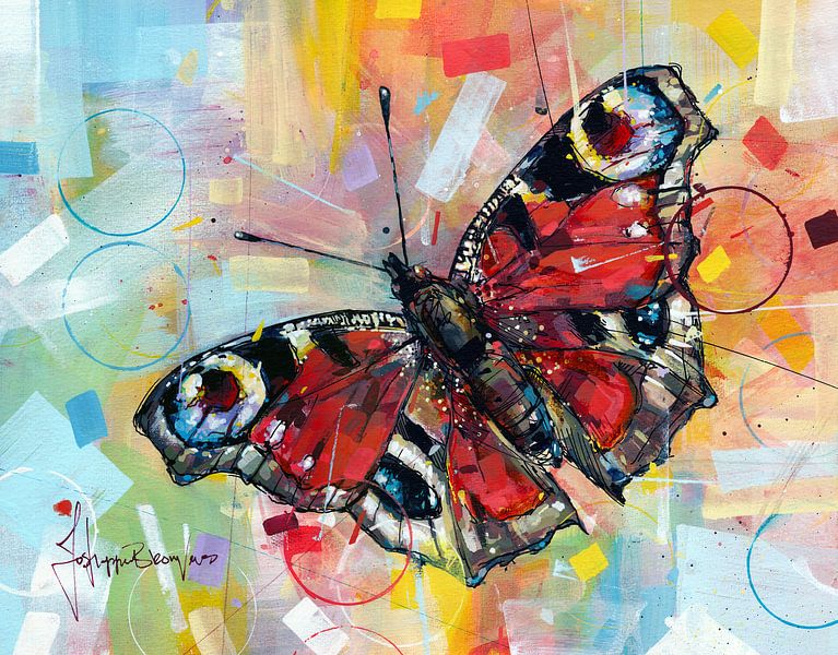 Dagpauwoog vlinder schilderij Jos Hoppenbrouwers op canvas, behang en meer