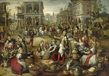Marktplein, met op de achtergrond de geseling, Ecce Homo en de kruisdraging, Joachim Bueckelaer