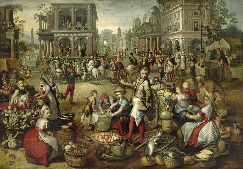 Market square, with the flogging in the background, Ecce Homo and the bearing of the cross, Joachim  by Marieke de Koning
